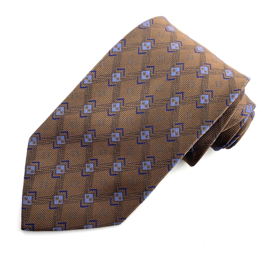Daniel De Fasson Mens Tie Blue Brown Geometric Pattern Necktie 100% Silk Repp